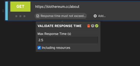 Validating response time including resources
